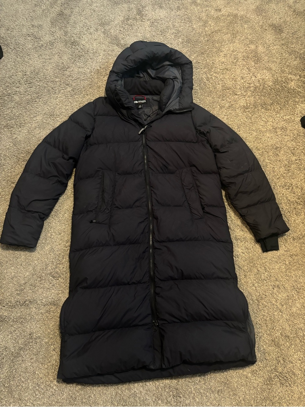 Outdoor Research Black Long Down Puffer Coat with Hood